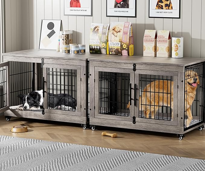 Lulive Dog Crate Furniture Set of 2, Dog Kennel Indoor Double Doors Wooden Dog Cage, 38'' Heavy Duty Dog Crate with Cushion & Wheels, End Table Pet House Chew-Resistant Up to 70 lb, Grey-Mewly Pet