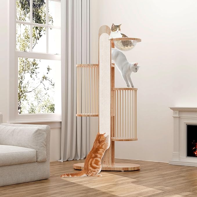 Modern Cat Tree Tower for Indoor Cats, 67" Tall Solid Wooden Cat Tower with Scratching Posts, 6 Level Natural Luxury Cat House with Big Bed, Washable Cushions Cat Furniture for Large Cats White Brown-Mewly Pet