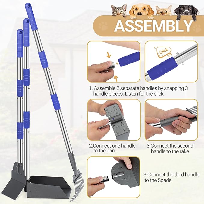 Heeyoo Dog Pooper Scooper, Dog Poop Tray and Rake Set, Pet Waste Removal Scoop with Long Adjustable Sectional Stainless Handles-Mewly Pet