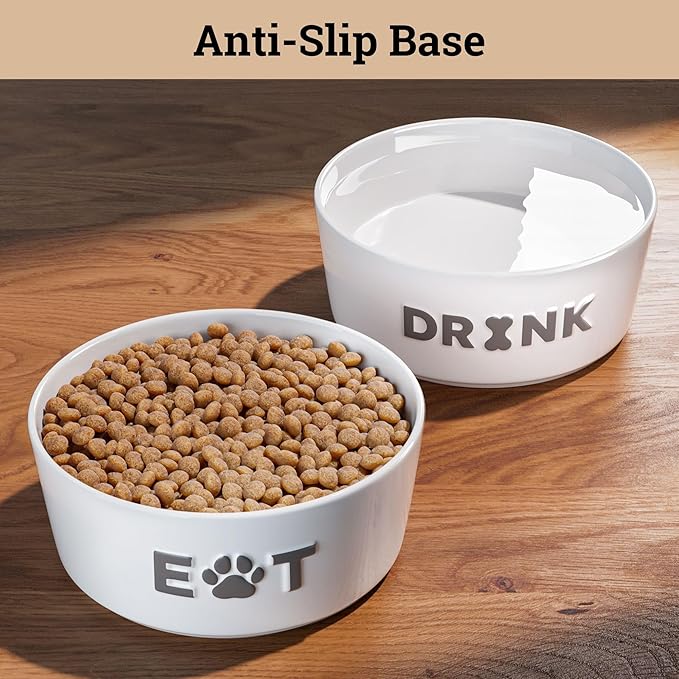 Ceramic Dog Bowl Set of 2 with Anti-Skid Base - 6.5" Wide x 2.5" Tall Ceramic Dog Bowls Medium Sized Dogs - 3.8 Cup Capacity Food and Water Bowls for Dogs - Rubber Bottom Pet Bowl Set of 2 Medium Size-Mewly Pet