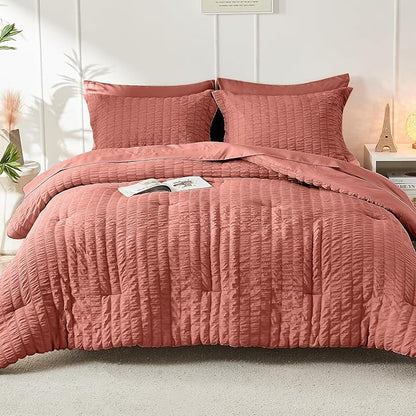 HYMOKEGE Coral Twin XL Comforter Set Seersucker 5 Pieces, All Season Luxury Bed in a Bag for Bedroom, Bedding Set with Comforter, Sheets, Pillowcase & Sham