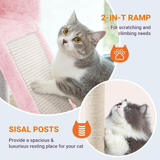 Allewie 81 Inches Tall Cat Tree/Multi-Level Large Climbing Tree House and Towers for Big Feline/Condo and Hammock/Scratching Post/Wide Base/Pink-Mewly Pet