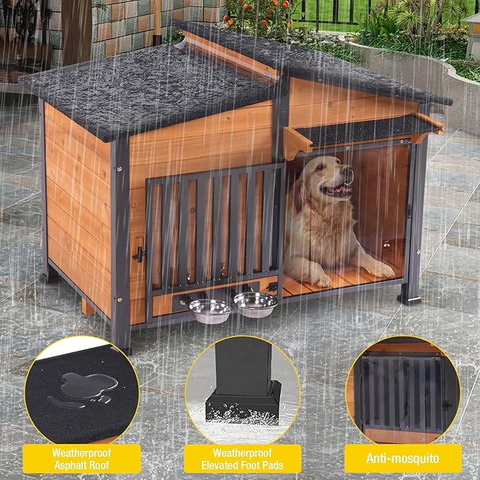 Chew-Resistant Dog House with Metal Frame, Wooden Kennel for Indoor & Outdoor Use, Waterproof Roof & Feeding Bowls Included (Wood, L)-Mewly Pet