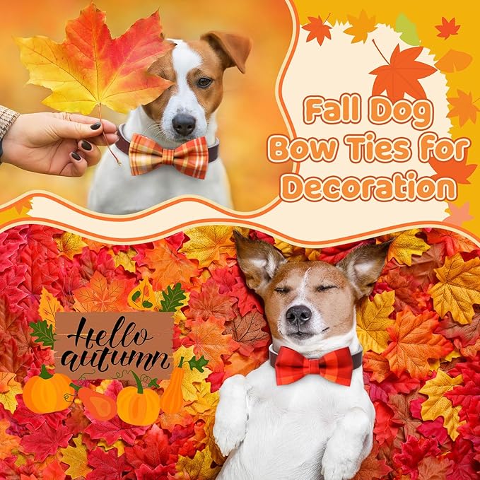 Hillban 50 Pcs Fall Collar Dogs Bow Ties Autumn Plaid Dogs Collar Accessories for Pets Bow Ties Attachment with Elastic Bands Detachable Charms for Doggie Fall Autumn Costume-Mewly Pet