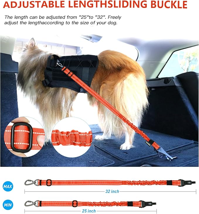 AUBELL Dog Seat Belt for Car,2 Pack Set 3-in-1 Adjustable Reflective Bungee Heavy Duty Dog Car Harness Tether with Clip Hook Latch & Buckle,Swivel Zinc Alloy Carabiner,Black+Orange-Mewly Pet