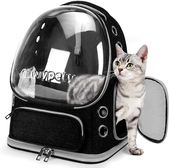 Cat Backpack Carrier, Breathable Cat Carrier Large Space Bubble Pet Backpack for Kitty Small Dog up to 12lbs, Transparent & Foldable Pet Carrier for Travel Hiking (Black-Mewly Pet