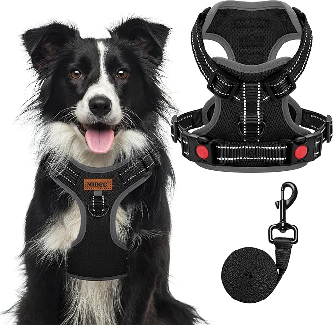 MIDOG No-Pull Dog Harness | Adjustable & Reflective Pet Harness Leash Set for Small Medium Large Dogs Walking, Training| No Choke, Front Clip, Soft Padded Vest with Easy Control Handle - Black, XL-Mewly Pet