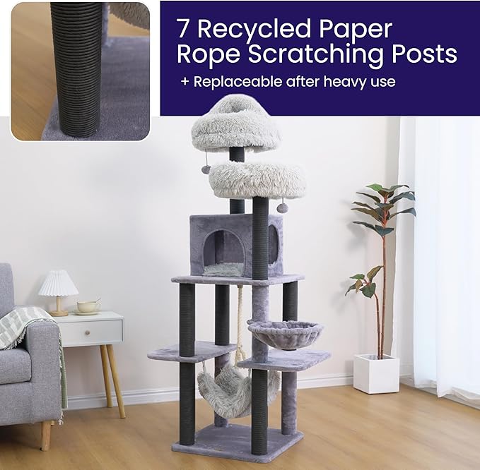 Catry Bradbury 7-Level 62.5” Modern Cat Tree with Replaceable Scratching Posts,Big Condo,Two Washable Beds, Two Hammocks,Quick Assembly, for Multi-Cat Homes(Cloud Gray)-Mewly Pet