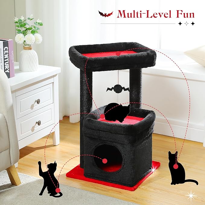 PEQULTI Cat Tree Gothic Cat Tower for Indoor Cats with Private Cozy Cat Condo, Natural Sisal Scratching Posts and Plush Pom-pom for Small Cats Black-Mewly Pet