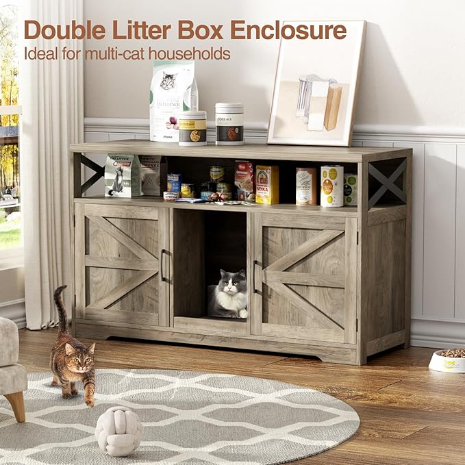 Cat Litter Box Enclosure for 2 Cats, 47" Double Hidden Litter Box Furniture with Scratch Pad, Farmhouse Indoor Litter Box Cabinet Cat Washroom, Grey-Mewly Pet