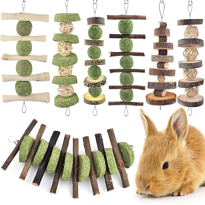 ERKOON Bunny Chew Toys, Rabbit Chew Toys for Teeth Grinding, Improve Dental Health, 100% Natural Apple Wood Timothy Grass Cake Treats for Rabbits Guinea Pigs Chinchillas Bunnies Hamsters (7 Pcs)-Mewly Pet