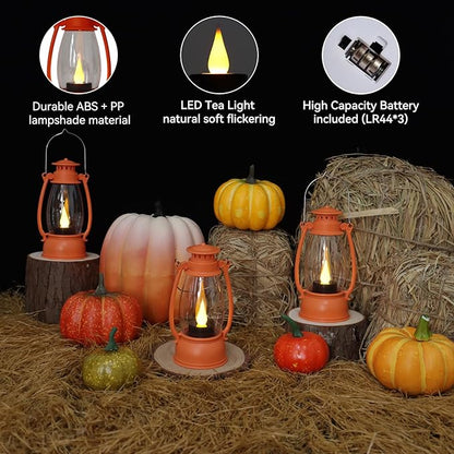 12-Pcs Orange Mini Lanterns Decorative for Halloween Thanksgiving, Fall Centerpiece for Table, Small Western Lantern with Flicker LED Candle for Cowboy Camping Christmas Wedding Decorations