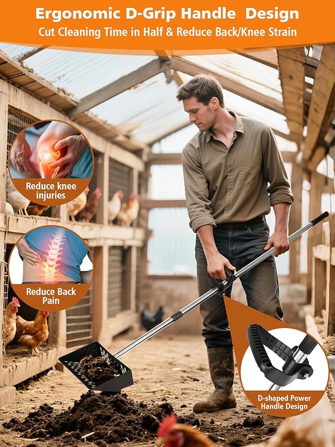 Chicken Poop Scooper with Ergonomic D-Grip 64" Long Handle 4 Sections Adjustable Stainless Steel Chicken Coop Scooper for Sand Sifting Shovel Farm Beach Garden Yard Waste Litter Pooper Cleaning Tools-Mewly Pet