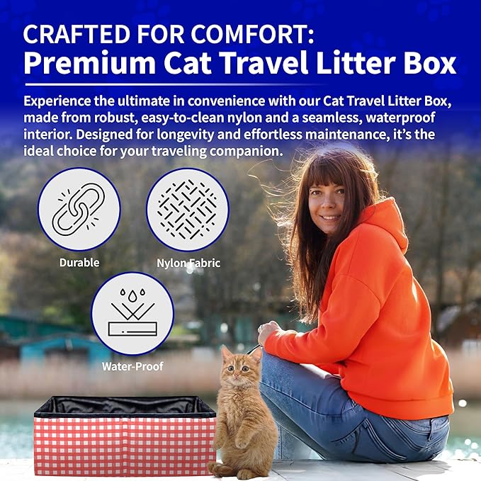 Pet Fit For Life - Vibrant Collapsible Travel Cat Litter Box - Portable, Foldable, Compact Design with Bonus Water Bowl - Ideal for Car & Camping - Reusable, Cats Safe - Coral, (16"x12"x5")-Mewly Pet