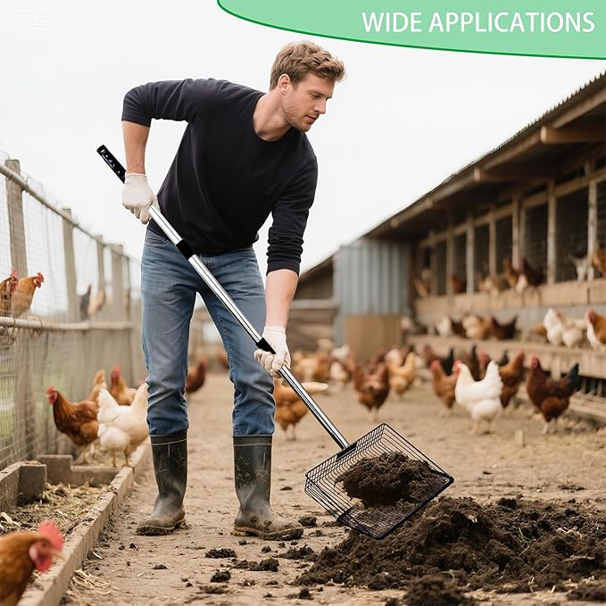 Chicken Poop Scooper - 54-Inch Long Handle Chicken Coop Cleaner, 10-Inch Wide Metal Waste Scooper for Poultry, Rabbit Hutch & Pet Cages-Mewly Pet