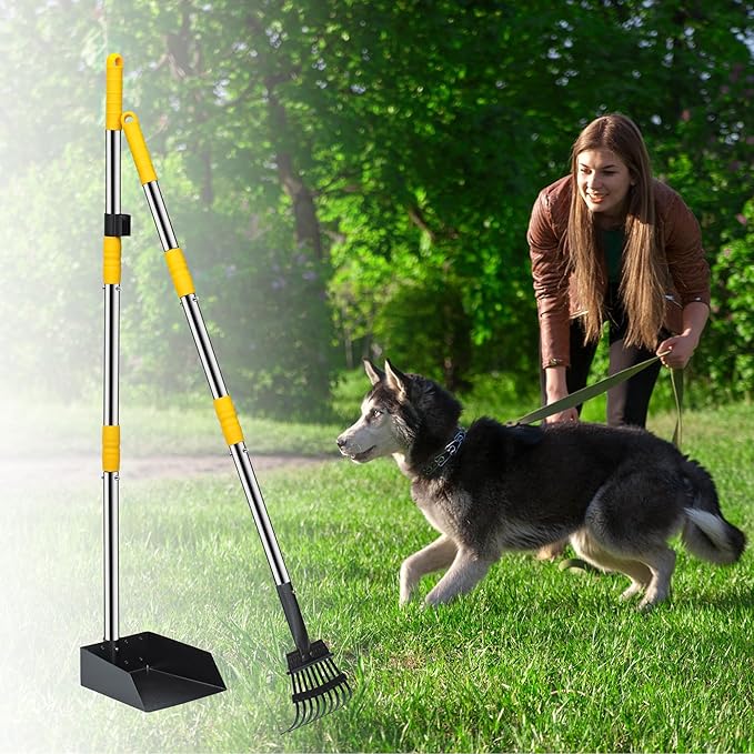 Niubya Pooper Scooper for Dogs, Metal Poop Scooper Tray and Rake Set with Adjustable Long Handle, Dog Pooper Scooper for Pet Waste Removal-Mewly Pet