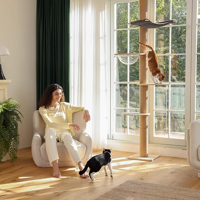 FUKUMARU Floor to Ceiling Cat Tree, 6 Level Adjustable Height (5.7-9.8 ft) Climbing Tower with Thickened Scratching Posts, Cats Activity Center with Transparent Capsule and Cozy Hammock-Mewly Pet