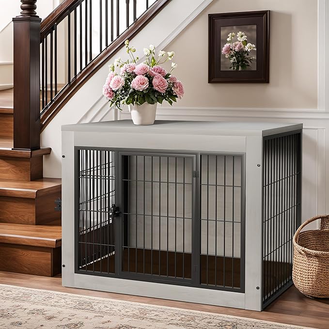 Bigrab Dog Crate Furinture with Thick Cushion, Side End Table Wooden Dog Cage with Double Doors, Chew-Resistant Dog Kennel Dog House Indoor for Small to Large Dog, M (Grey)-Mewly Pet