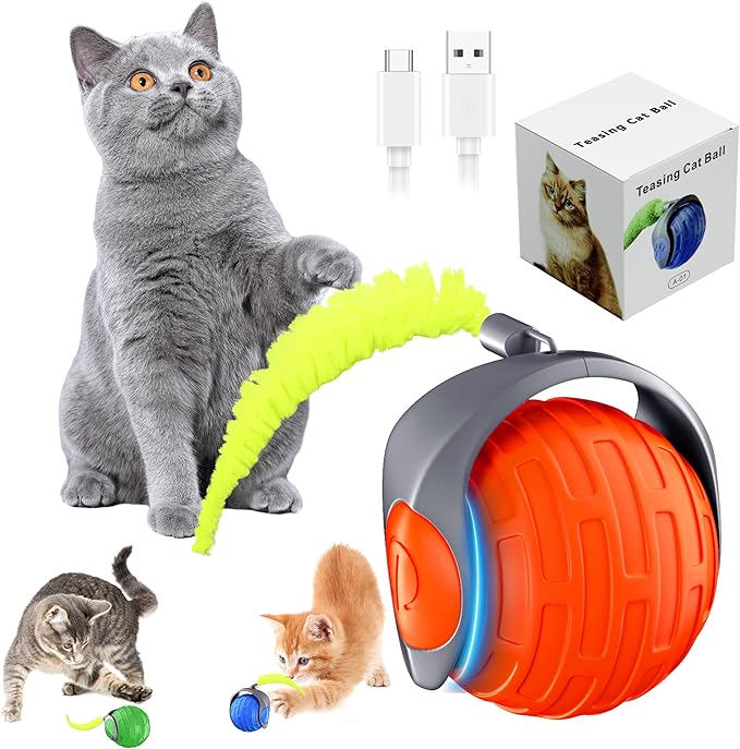 Cat Toys,Interactive Cat Toys Ball for Bored Indoor Cat,Automatic Rolling,Drop Resistant and Obstacle Avoidance,2 Modes Adjustment,Fluffy Tail and USB Type-C Rechargeable（Orange）-Mewly Pet