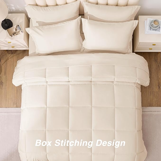 Love's cabin Queen Comforter Set Beige, 7 Pieces Queen Bed in a Bag, All Season Bedding Sets with 1 Comforter, 1 Flat Sheet, 1 Fitted Sheet, 2 Pillowcase and 2 Pillow Sham