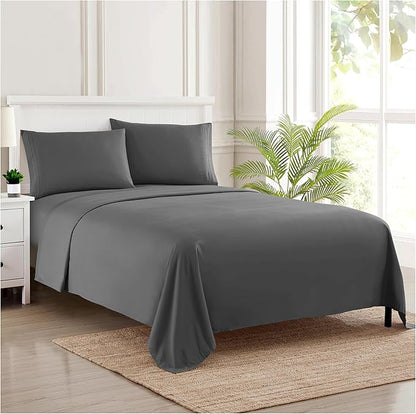 RV Queen Bed Sheets - Breathable Luxury Sheets with Full Elastic & Secure Corner Straps Built In - 1800 Supreme Collection Extra Soft Deep Pocket Bedding Set, Sheet Set, RV Short Queen, Gray