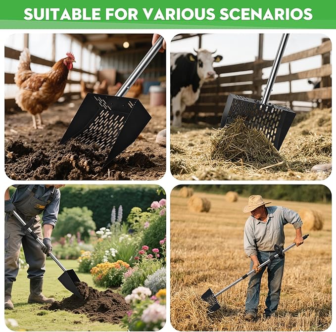 2-in-1 Chicken Poop Scooper & Rake - Adjustable Chicken Coop Scoop with Handle（39、53、67 in），Stainless Steel Shovel Head- Litter Scooper Sand & Sifting Shovel for Chicken Coops-Mewly Pet