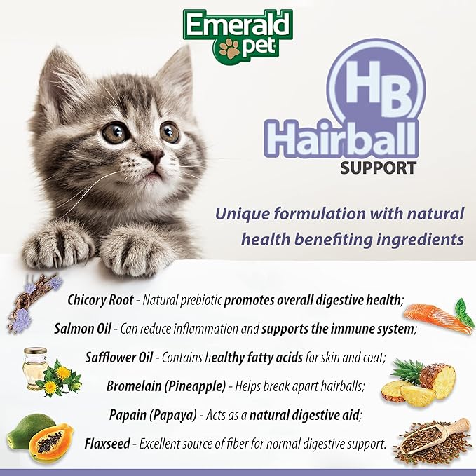Emerald Pet Feline Health Chews Hairball Support — Natural Grain Free Feline Hairball Control Chews — Hairball Control Cat Supplements for Hairball Prevention and Elimination — Made in USA, 2.5 oz-Mewly Pet