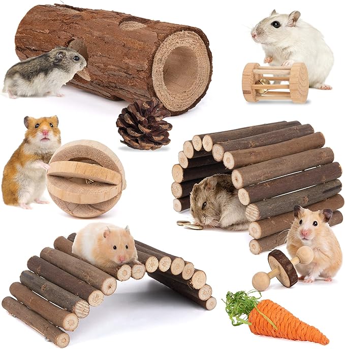 Sofier Hamster Toys Hamster Accessories for Cage Natural Guinea Pig Toys and Chews for Teeth Rat Toys Chinchilla Toys Wood Hideout Bridge Apple Wood Sticks-Mewly Pet