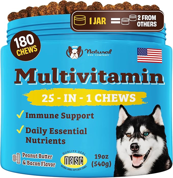Natural Dog Company 25 in 1 Multivitamin Chews (180 Pcs) Dog Vitamins & Supplements, Peanut Butter & Bacon Flavor, Dogs, Supports Immune System, Antioxidant, Vitaminas para Perros, Multi Dog Families-Mewly Pet