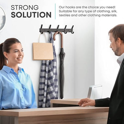 Matte Black Coat Rack Wall Mount – 15 Inch Stainless Steel Hook Rail with 5 Double Coat Hooks – Wall Mounted Entryway Organizer for Coats, Hats, Bags, Towels, Robes, Closet or Bathroom - 2 Pack