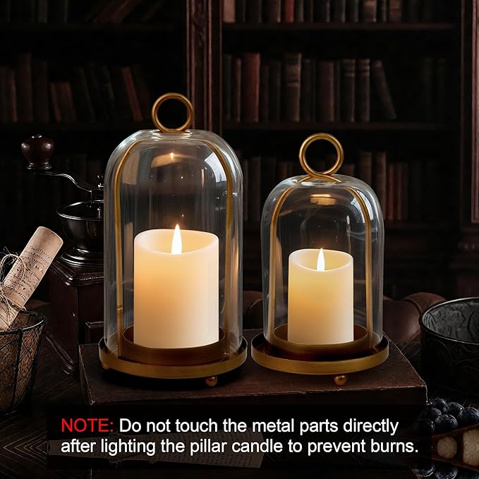 Glass Hurricane Candle Holder Decorative Gold Candle Lantern, Pillar Candlestick Holders Set of 2, Hanging Metal Holder Modern Table Centerpieces, Antique Brass