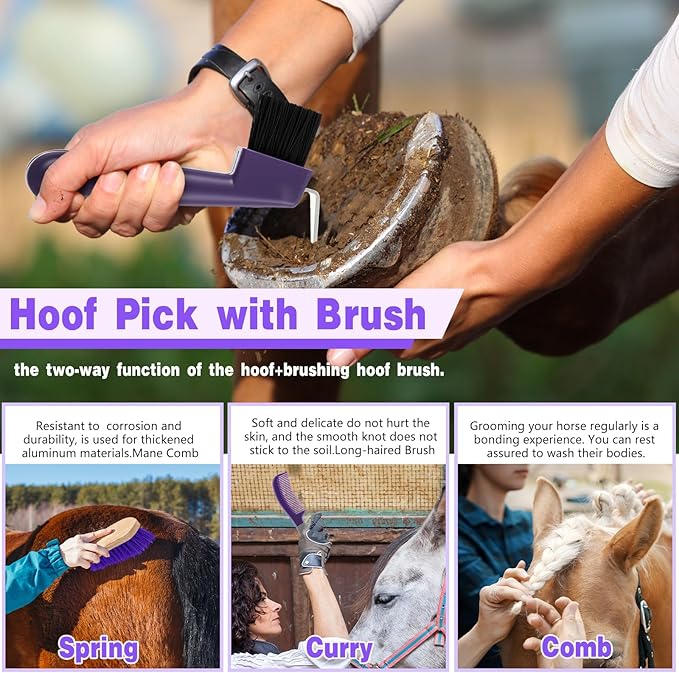 Abbylike 12 Pieces Horse Grooming Kit Racing Festival Tack Room Supplies Horse Brush Sets Equine Care Cleaning Kit Shedding Grooming Massaging Tools(Gray and Purple)-Mewly Pet