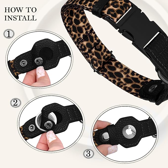 AirTag Dog Collar for Small Medium Large Breed - Adjustable Cute Pattern Dog Collar with Airtag Holder - Soft Leather Tracker GPS Apple Air Tag Pet Collars (X-Small, 9"-12" Neck Fit, Leopard)-Mewly Pet