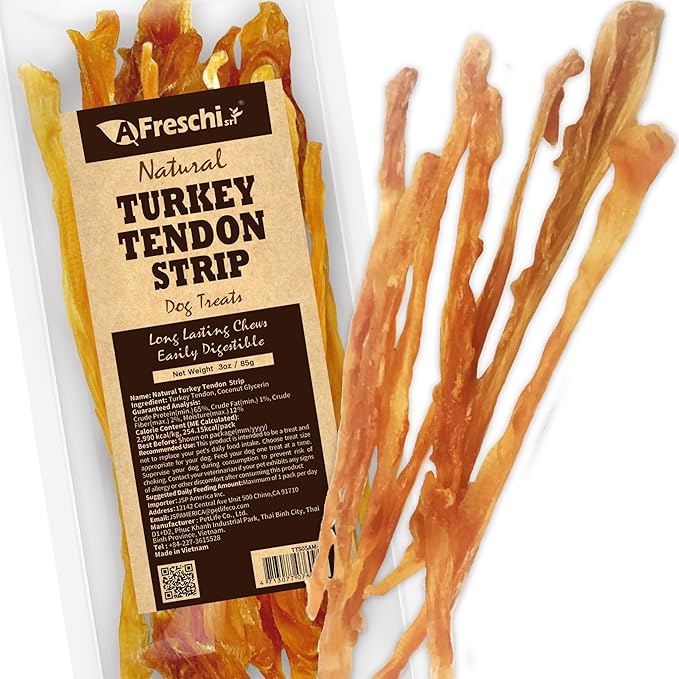 Afreschi Natural Turkey Tendon Strip 3 oz, All Natural Human Grade Puppy Chew, USA-Sourced Turkey Tendon, Hypoallergenic, Easy to Digest, Rawhide Alternative-Mewly Pet
