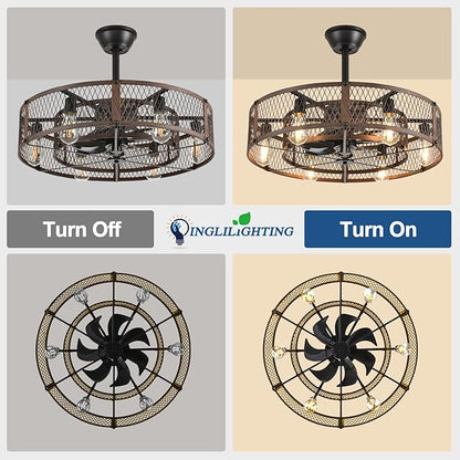 DLLT Caged Ceiling Fan with Lights: 26" Bladeless Fandelier with Light and Remote - Walnut Industrial Chandelier Fan Light for Bedroom Living Dining Room Kitchen