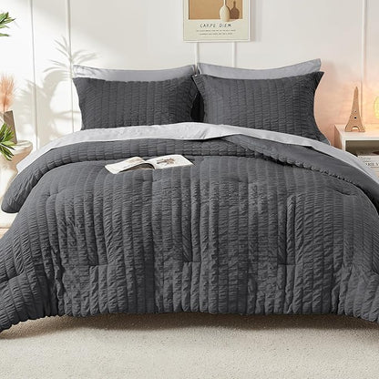 HYMOKEGE Dark Grey/Light Grey Queen Comforter Set Seersucker 7 Pieces, All Season Luxury Bed in a Bag Queen for Bedroom, Bedding Set with Comforter, Sheets, Pillowcases & Shams