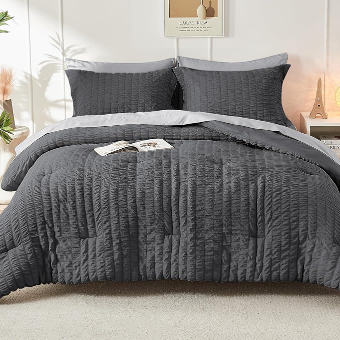 HYMOKEGE Dark Grey/Light Grey California King Comforter Set Seersucker 7 Pieces, All Season Luxury Bed in a Bag for Bedroom, Bedding Set with Comforter, Sheets, Pillowcases & Shams