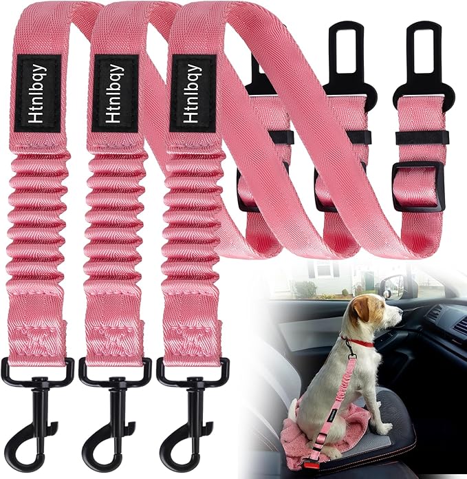 Thickened Dog Seat Belt for Car, 3 Pack Set Retractable Dog Car Adjustable Seatbelts for Vehicle Nylon Pet Safety Heavy Duty & Elastic & Durable Car Harness for Dogs, Light Pink-Mewly Pet