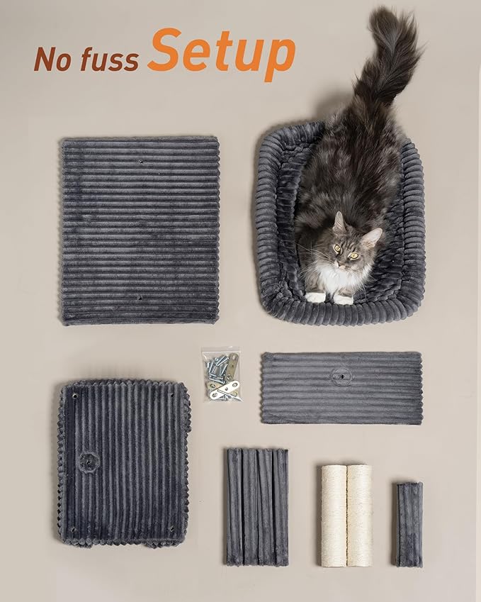 Cat Tree for Large Cat, 22.8” Cat Tower with Scratching Post, 20.9 * 15.7in Perch Bed for Adult Cats, Cat Condo with 2 Caves for Indoor Cats, Dark Gray-Mewly Pet