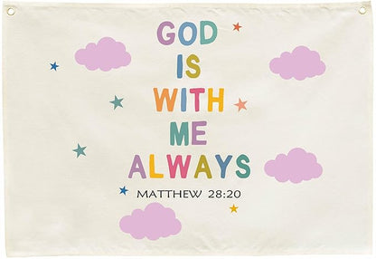 Christian Bible Verse Scripture Rectangular Banner Flag Wall Sign Decor Gift for Baby Girls-Nursery Baby Room Bedroom Decor-Baby,Shower Birthday Christmas Gift-God Is with Me Always