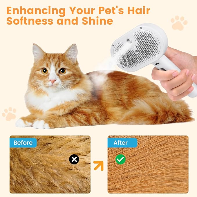 3 in 1 Cat Steam Brush, Pet Steam Brush for Cat Dog Long Short Haired, Pet Spray Hair Removal Comb for Small Animals Shedding & Grooming, Water Mist Spray Brushes with Release Button(White)-Mewly Pet