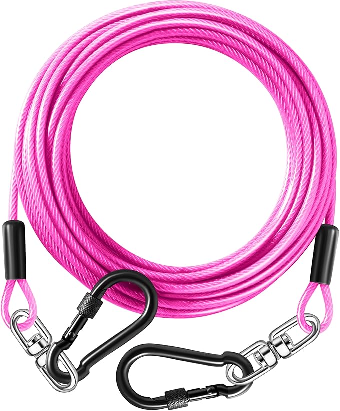 Dog Tie Out Cable 10FT-500Lbs,Heavy Duty Dog Leads&Tether for Yard with Swivel Hook,Small Large Dogs Leash Line for Outside,Rust Chew Proof Dogs Run Cable for Outdoor Camping(Pink, 10FT)-Mewly Pet