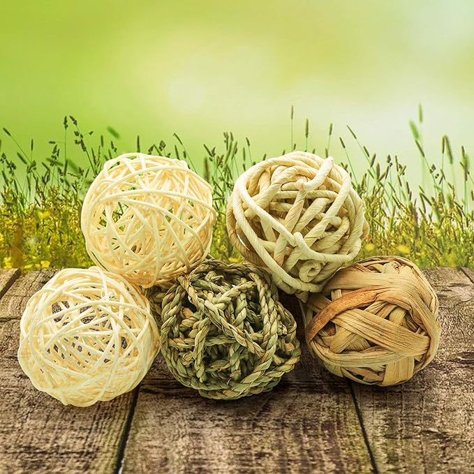 8 Pcs Small Animals Play Balls Rolling Activity Chew Toys Gnawing Treats for Rabbits Guinea Pigs Chinchilla Bunny Natural Balls, Pet Cage Entertainment Accessories (8Pcs)-Mewly Pet