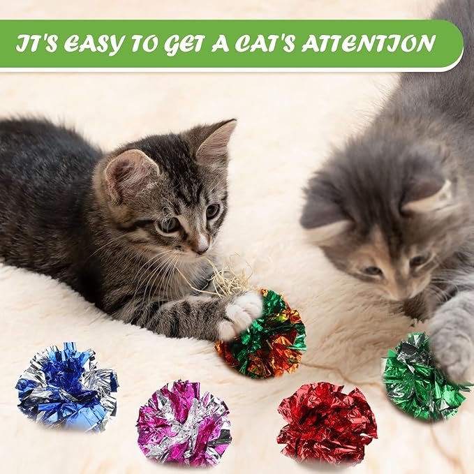 Silkfly 30 Pcs Polyester Film Crinkle Balls Cat Toys 2.36" Interactive Crinkle Ball, Colorful Chew and Chase Cat Toys for Indoor Kittens to Keep Fit Active-Mewly Pet
