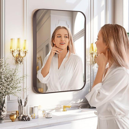 24"x36" Brushed Titanium Metal Framed Rounded Rectangle Mirror, Dark Grayish Brown Wall Mounted Mirrors for Bathroom Entryway Vanity Living Room Bedroom, Vertical or Horizontal