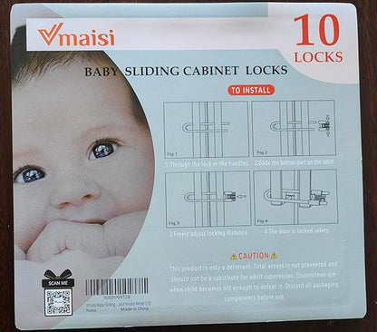 Vmaisi 10 Pack Baby Sliding Cabinet Locks - Adjustable U Shaped Child Safety Locks,Childproof Latches for Kitchen Bathroom Storage Cupboards Doors, Handles and Knobs White (10)