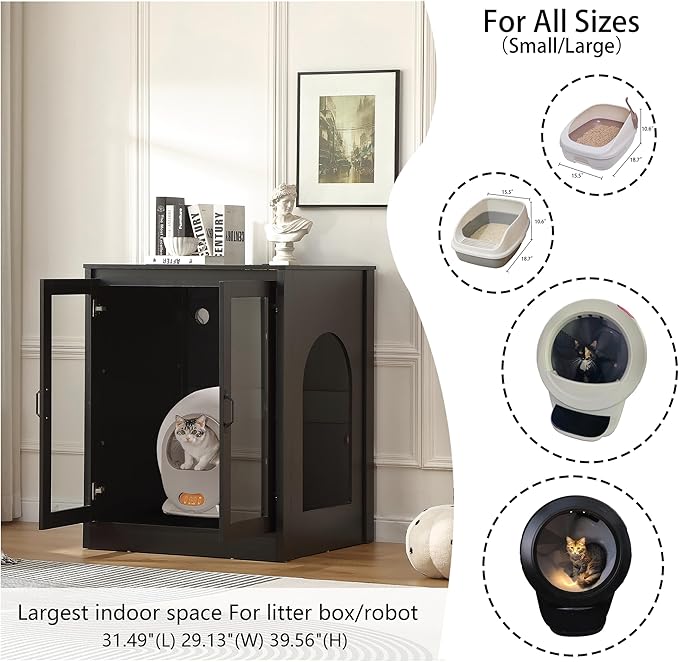 Cat Litter Robot Enclosure with Glass Cat-Observant Doors,Litter Robot Cabinet with Reversible and Optional Entry(Left or Right),Cozy LED for Cats,Power Outlet for More Choice, Black-Mewly Pet