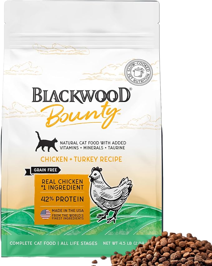 Blackwood Bounty Dry Cat Food, Chicken & Turkey Recipe for All Life Stages, 4.5 Pound Bag, High Protein, Grain Free-Mewly Pet