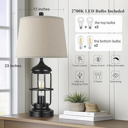 Qimh Table Lamp for Bedroom Set of 2 with USB A+C Ports, Farmhouse Bedside Lamp with Night Light, 3-Way Dimmable Touch Control, Rustic Industrial Nightstand Lamp for Living Room, Bulbs Included, Black