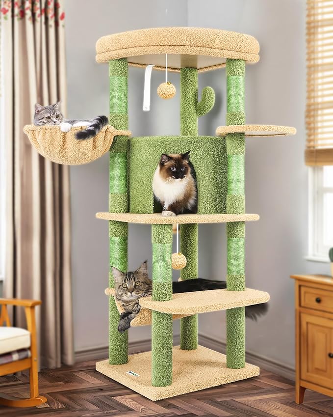 Globlazer Cactus Corner Cat Tree Tower with Scratching Post for Indoor Cats, 51in Multi-Level Cat Condo Tower with Large Hammock, Fan-Shaped Padded Perch, Spacious Cat Cave, Hanging Basket, C51, Green-Mewly Pet